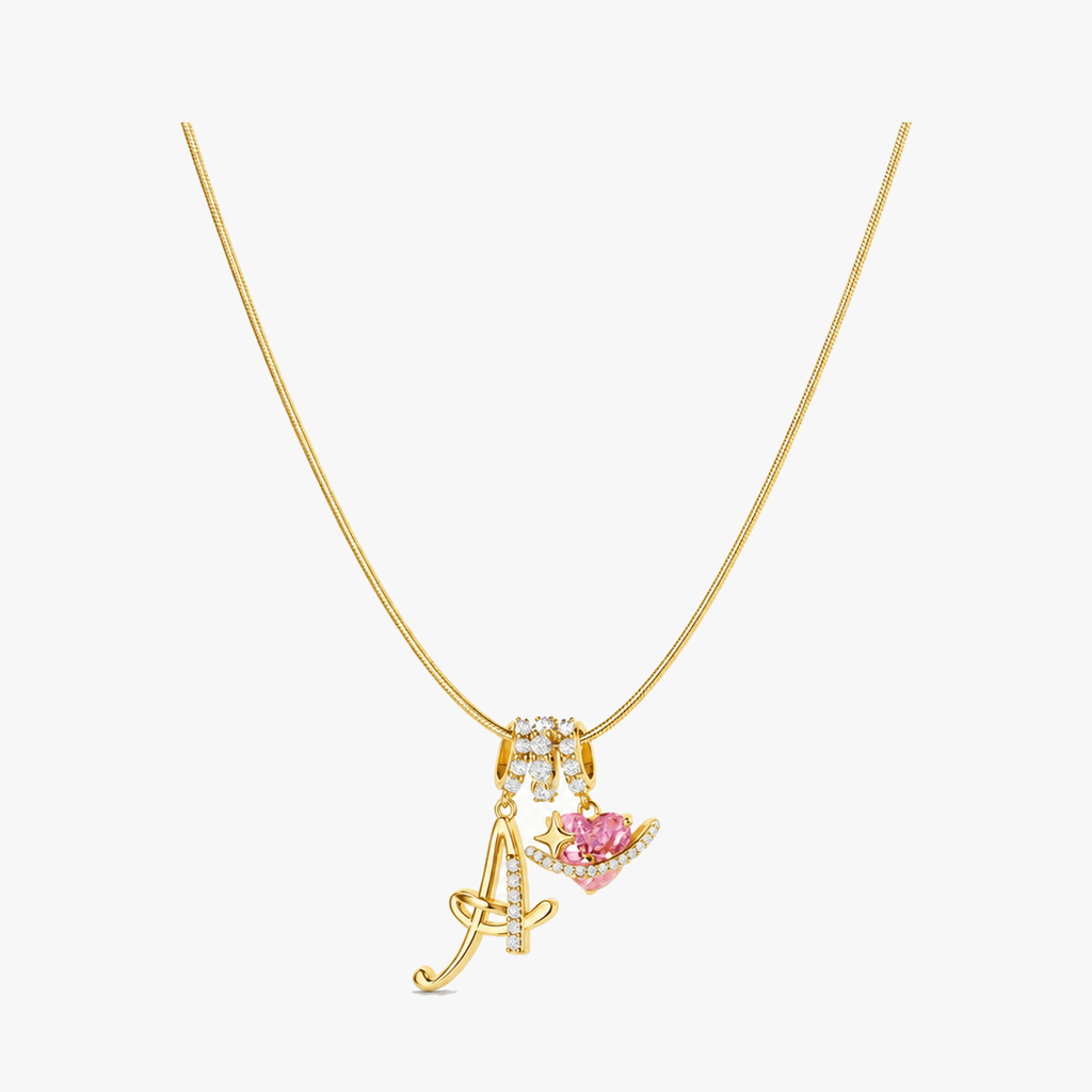 LUMARA – Collana con Iniziale a 3 Strati con Zircone a Forma di Cuore Rosa