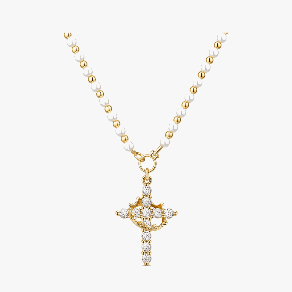 Crownara – Collana con perle e croce coronata
