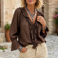 Maelora – Blusa a maniche lunghe con scollo a V e volant arricciati