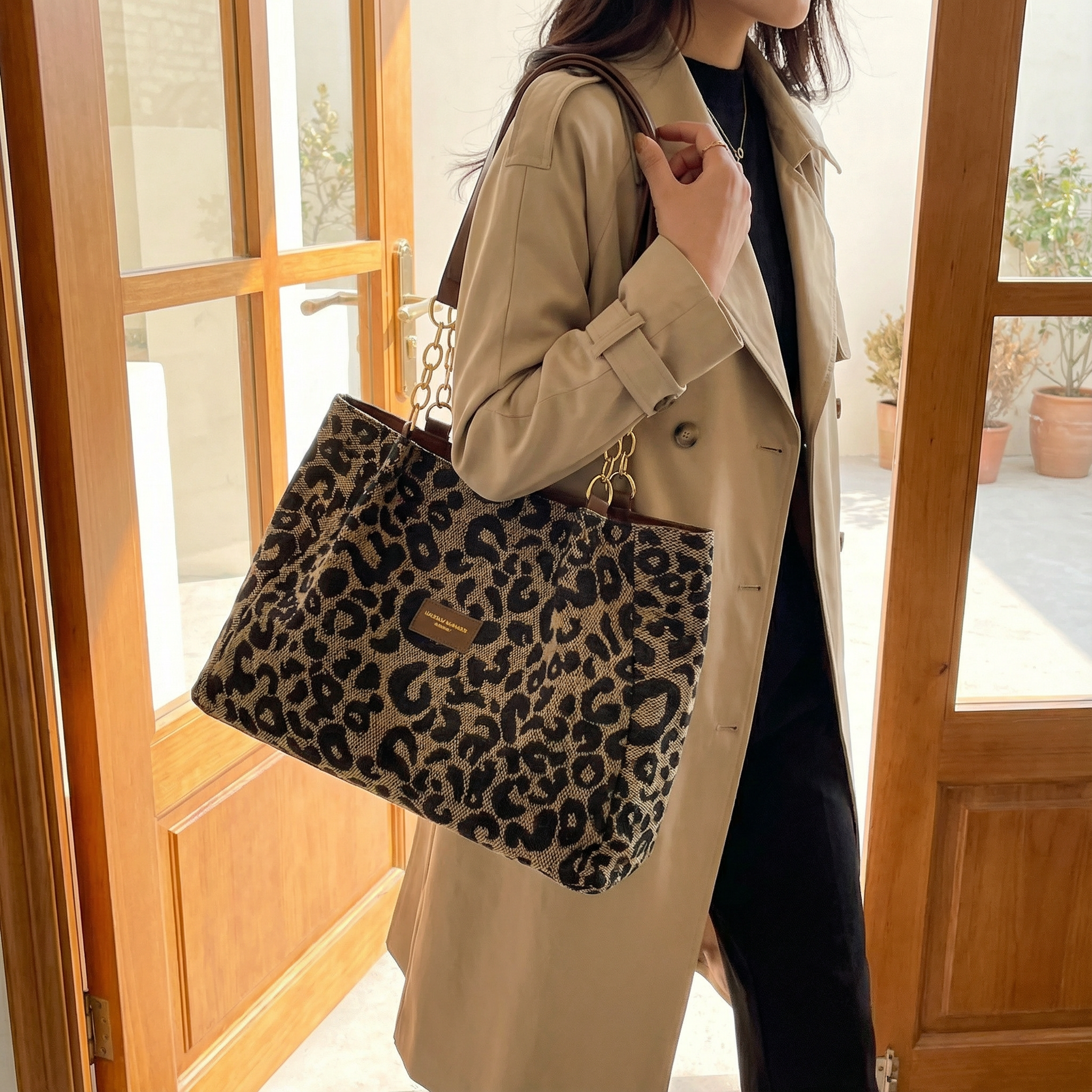 Lynxe - Borsa a spalla con stampa leopardata e dettagli in catena