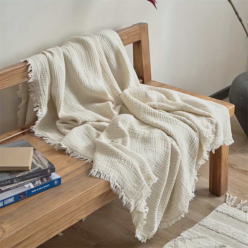 OLIVEBREEZE – Coperta Leggera in Garza di Cotone a 4 Strati con Frange Eleganti