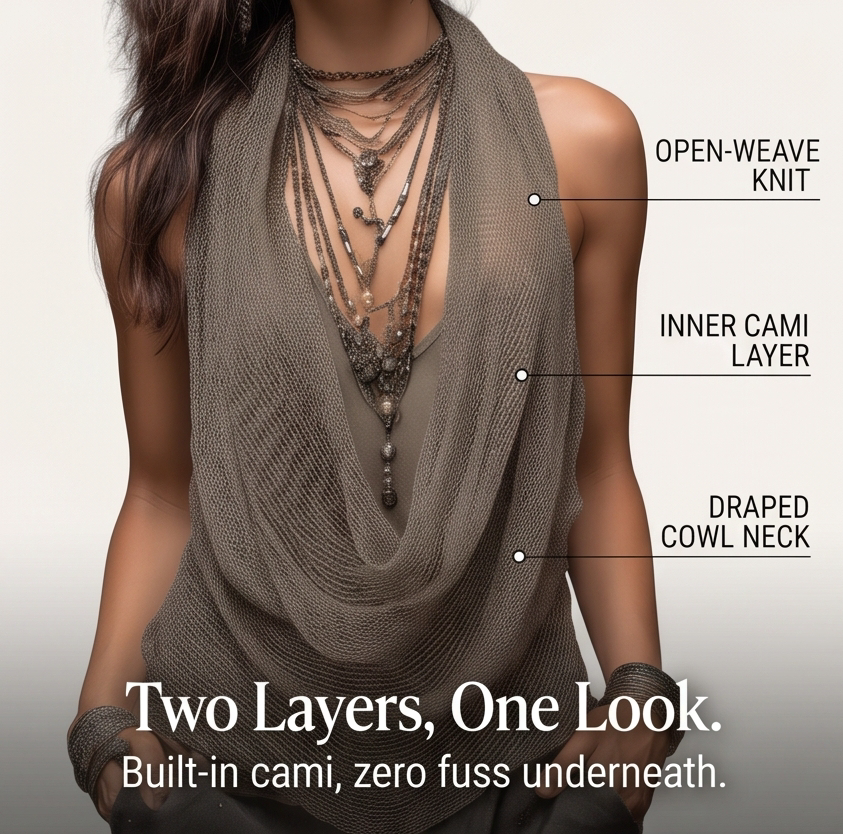 Lunessa – Top Halter in Maglia con Collo Drappeggiato