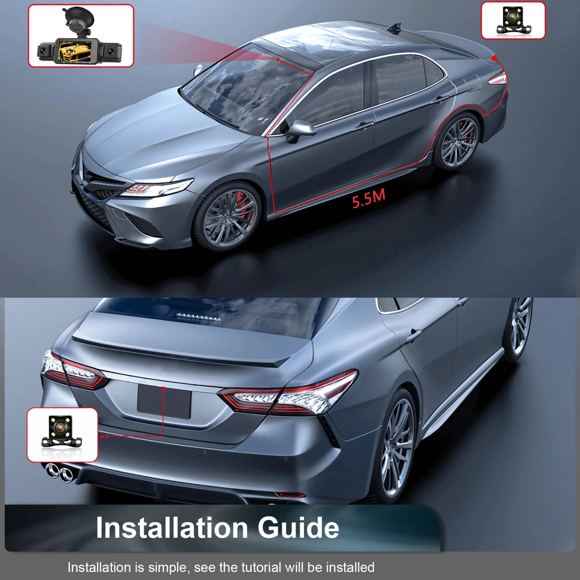 Dash Cam Wireless per Auto Anteriore e Posteriore con Visione Notturna