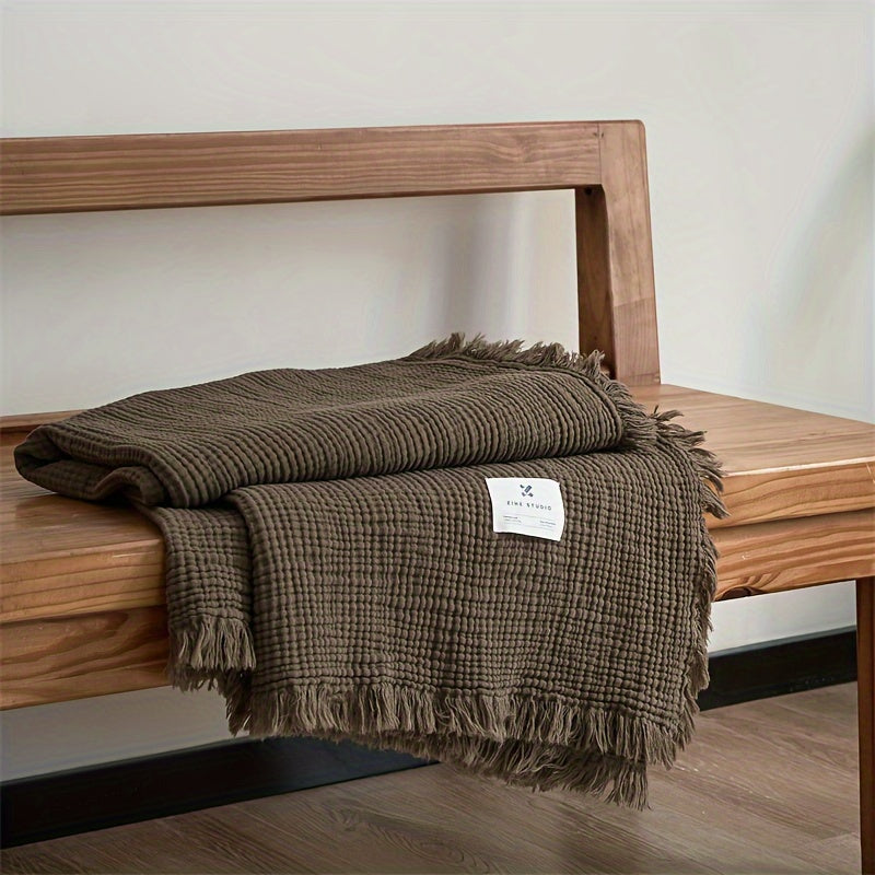 OLIVEBREEZE – Coperta Leggera in Garza di Cotone a 4 Strati con Frange Eleganti