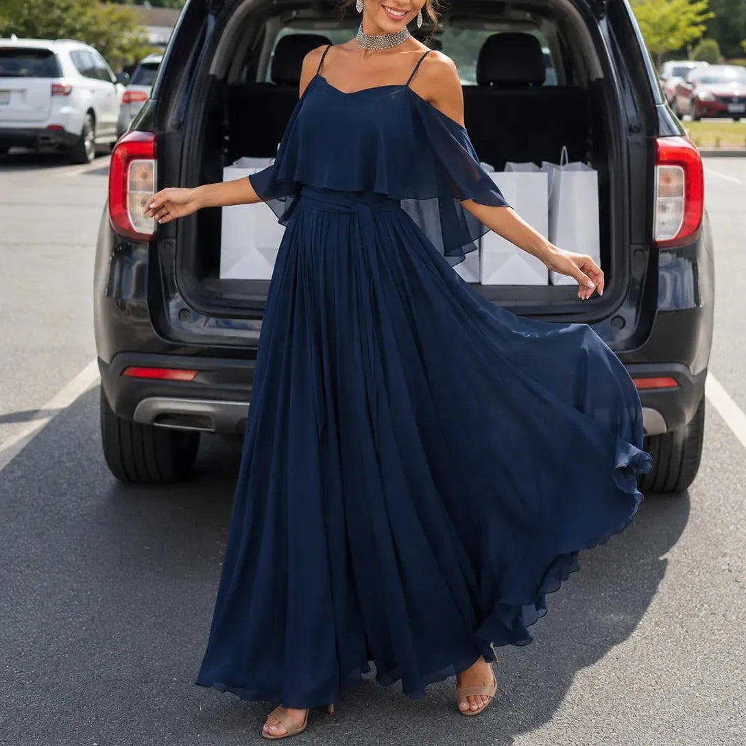 Solavia – Maxidress in chiffon simile con spalle scoperte per matrimoni ed eventi formali