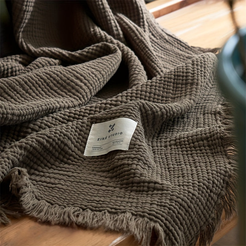 OLIVEBREEZE – Coperta Leggera in Garza di Cotone a 4 Strati con Frange Eleganti