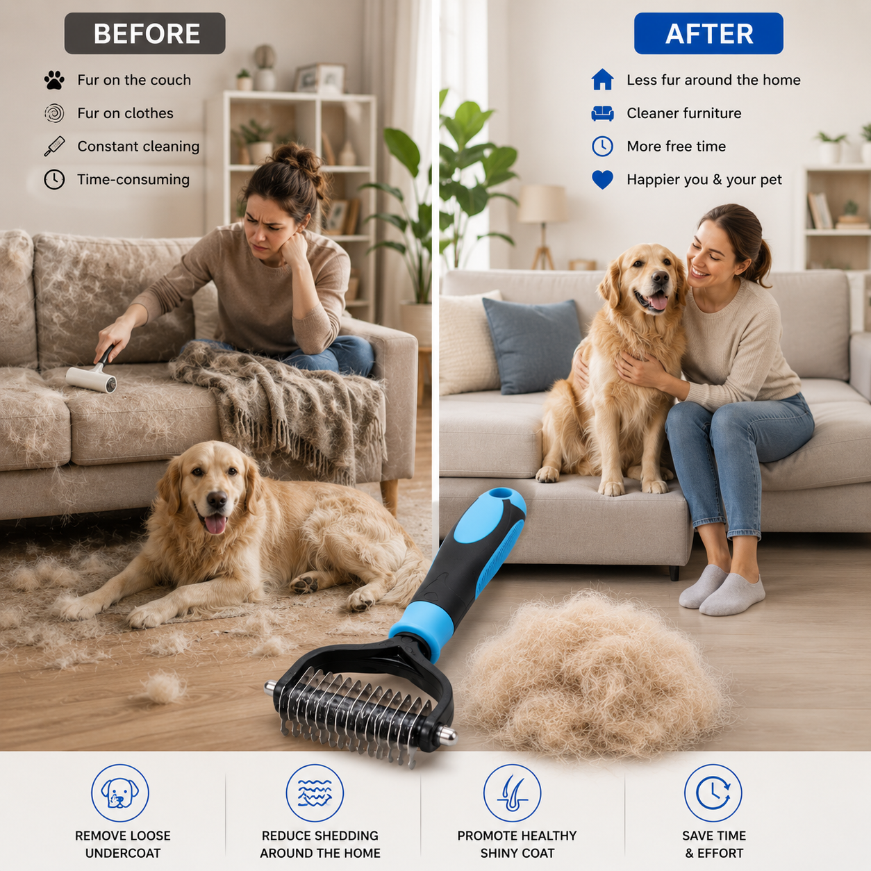 GROOMMASTER PRO – Spazzola per la rimozione del pelo a doppio lato per cani e gatti