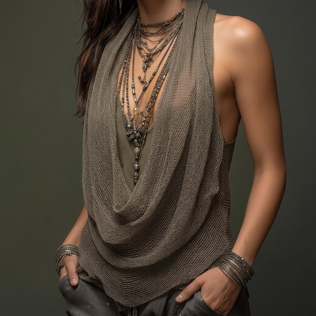 Lunessa – Top Halter in Maglia con Collo Drappeggiato