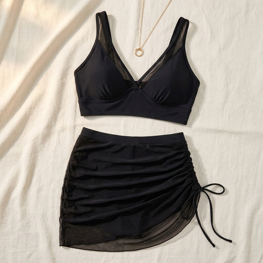 Marella – Set Bikini in Rete a Vita Alta con Gonna Arricciata