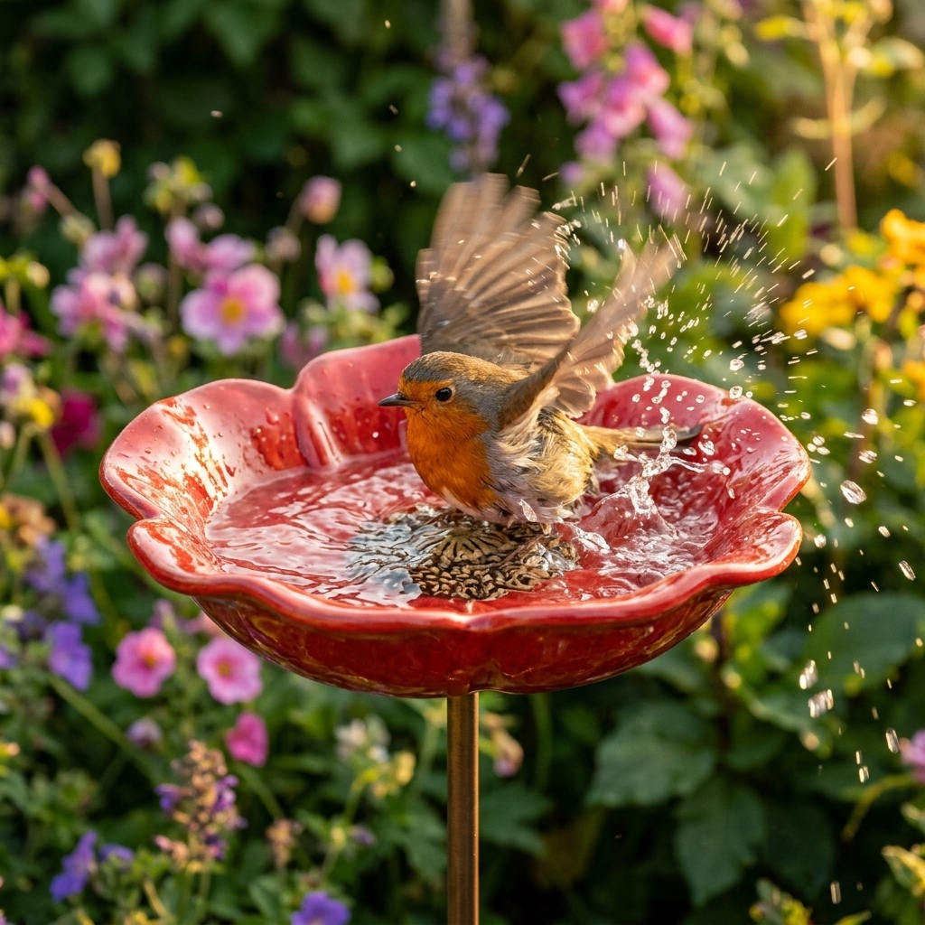 PetalHaven – Supporto da Giardino con Fontana per Uccelli a Forma di Papavero