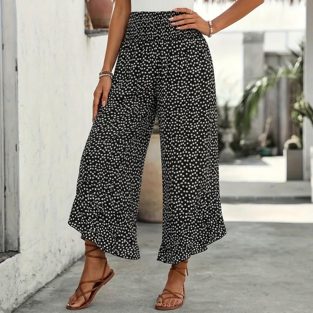Velura – Pantaloni a Righe con Vita Alta e Volant