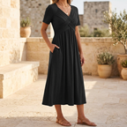 Veluna – Abito Midi con Scollo a V Incrociato e Tasche