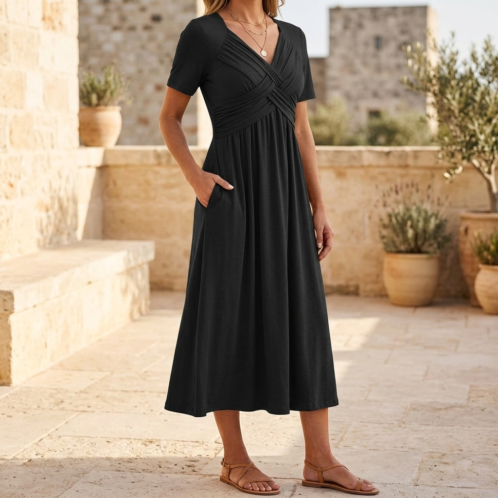 Veluna – Abito Midi con Scollo a V Incrociato e Tasche
