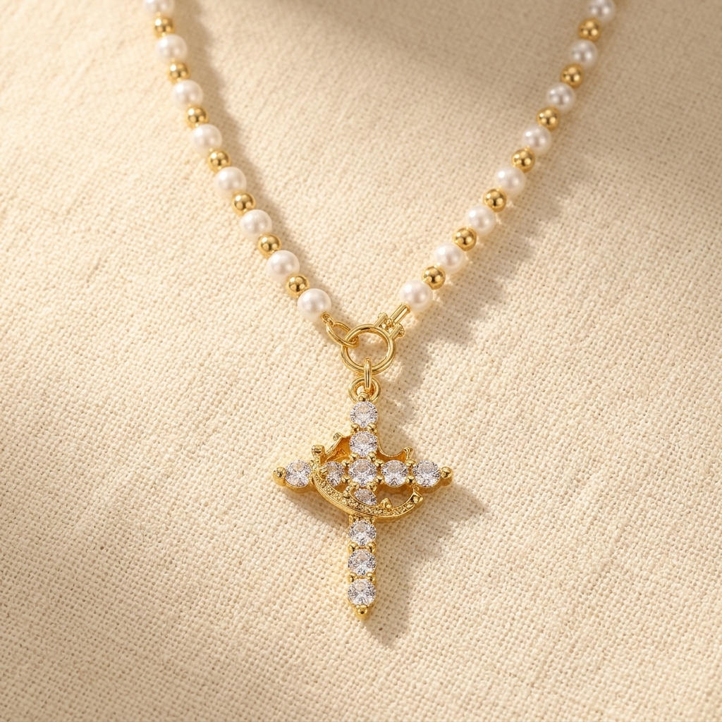 Crownara – Collana con perle e croce coronata