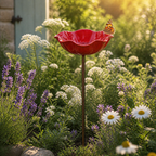 PetalHaven – Supporto da Giardino con Fontana per Uccelli a Forma di Papavero