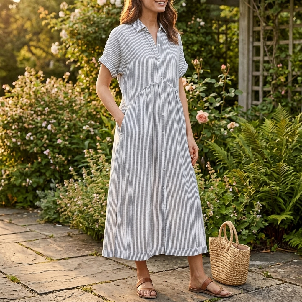 Linara - Vestito Camicia Midi a Strisce con Tasche
