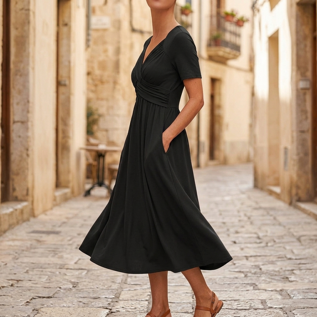 Veluna – Abito Midi con Scollo a V Incrociato e Tasche