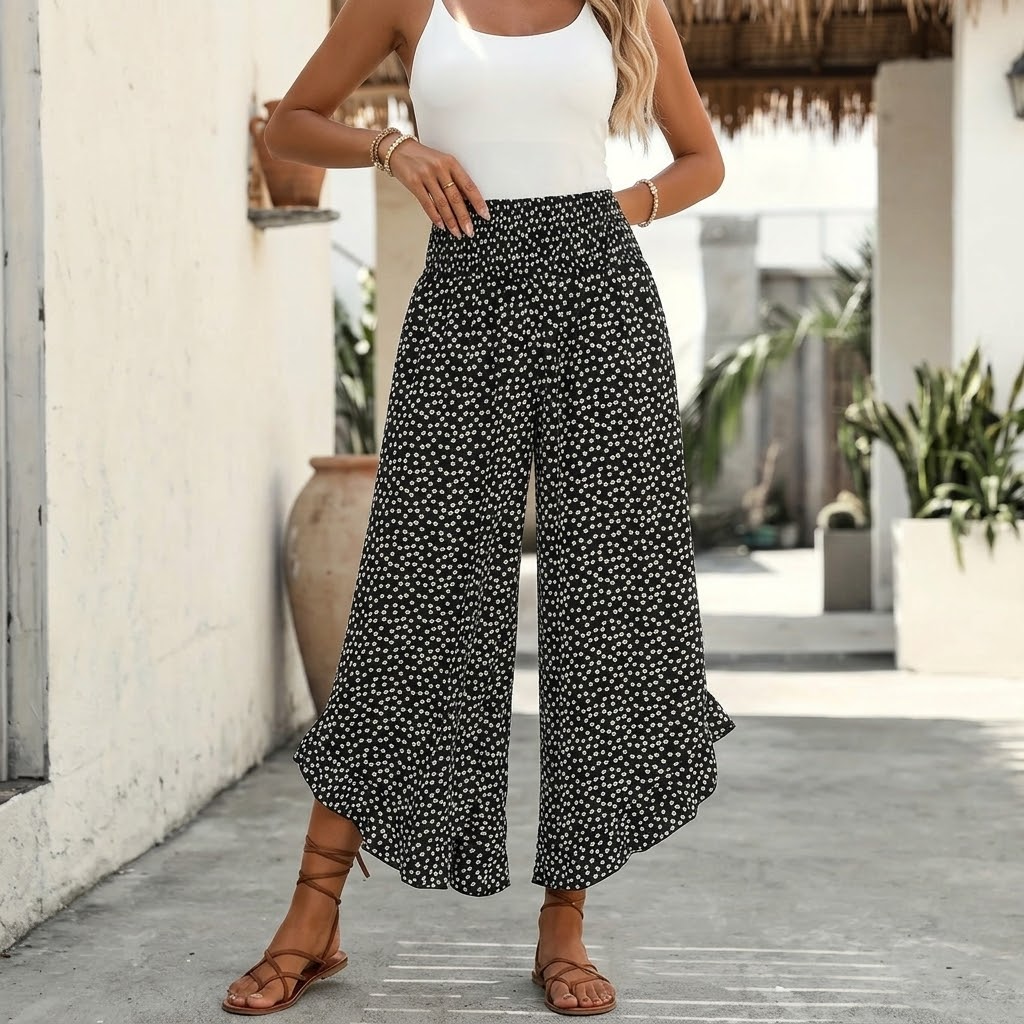 Velura – Pantaloni a Righe con Vita Alta e Volant
