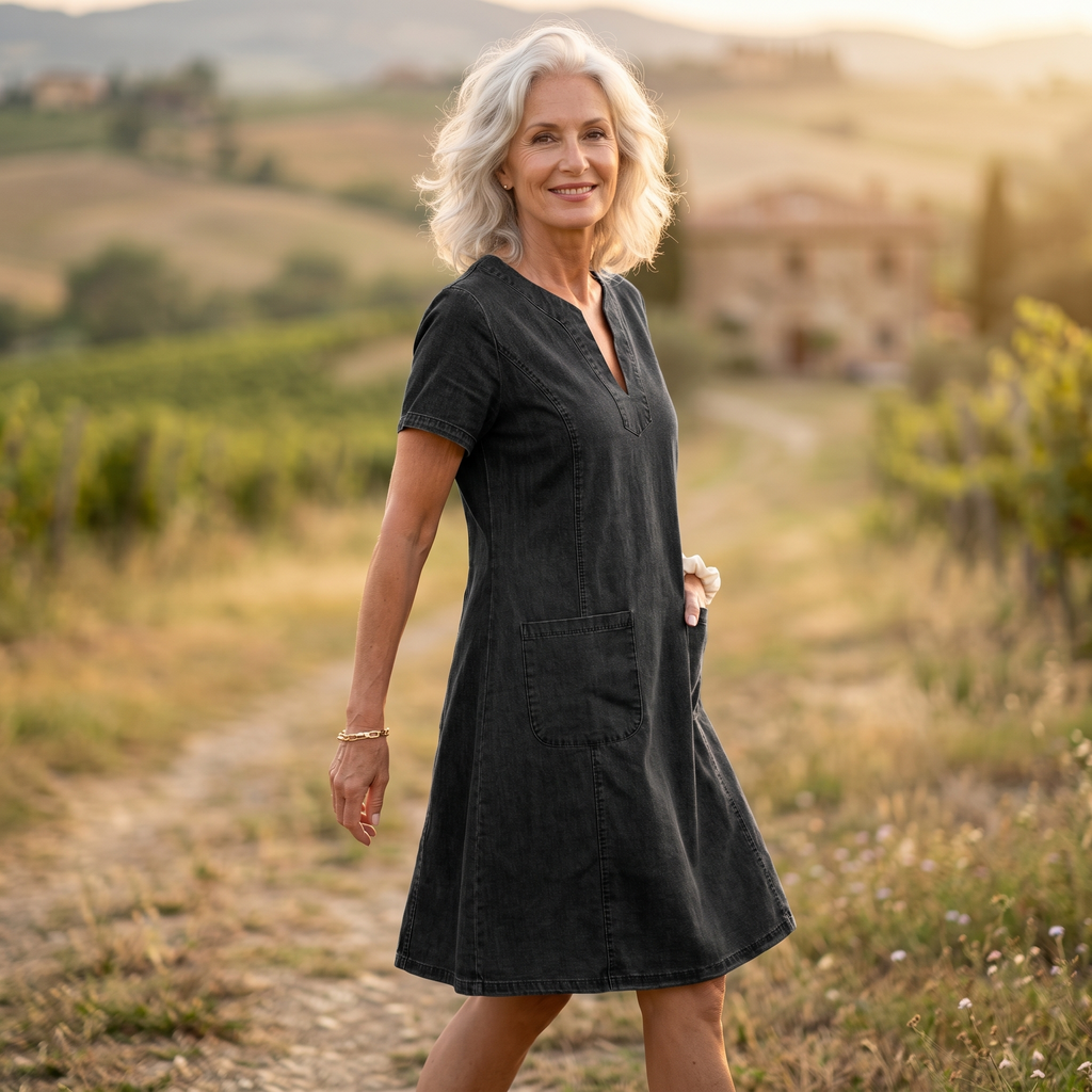 Aurelene – Vestito in denim con scollo a V e tasche per donna