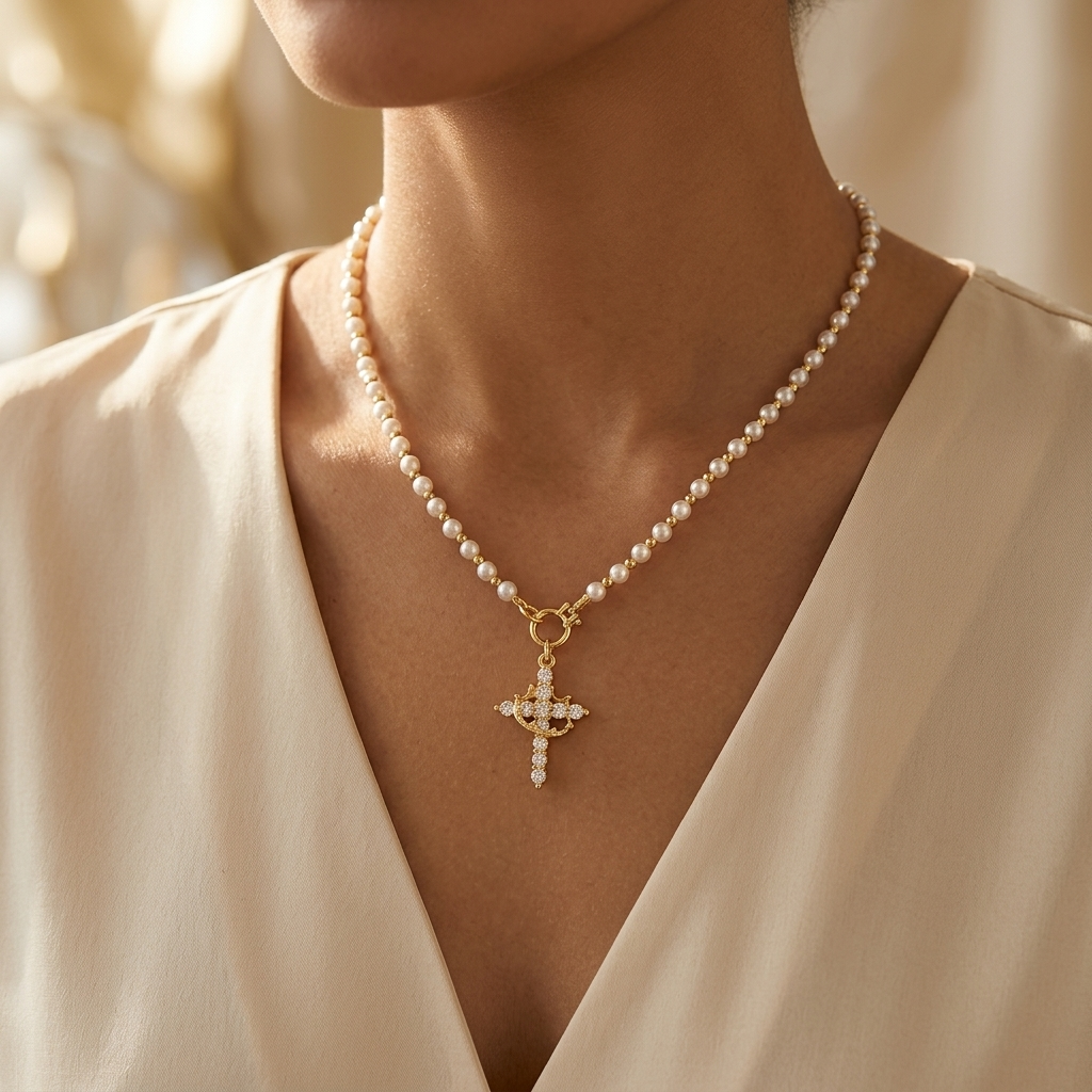 Crownara – Collana con perle e croce coronata