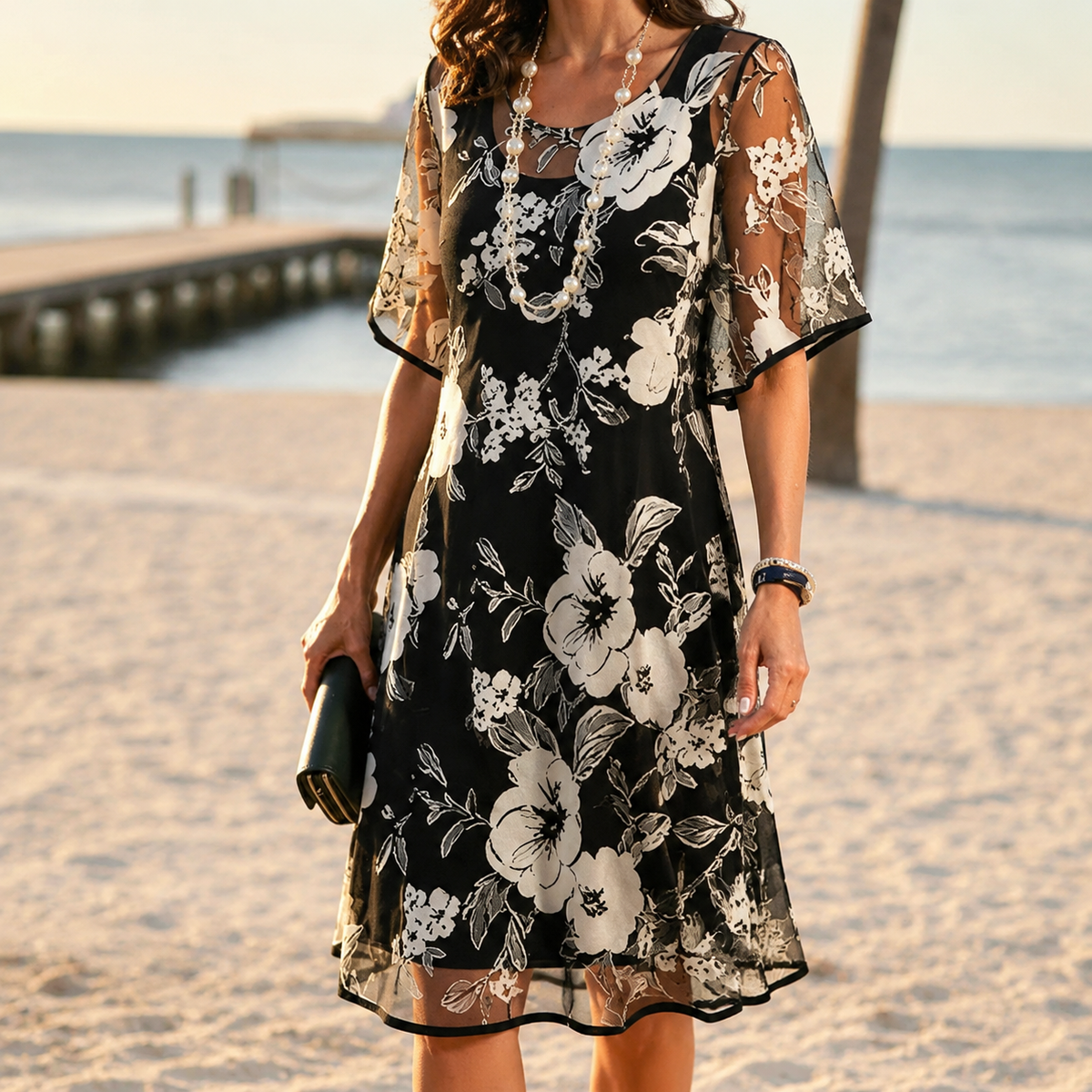Solenya – Abito floreale in chiffon per donna con sovrapposizione trasparente