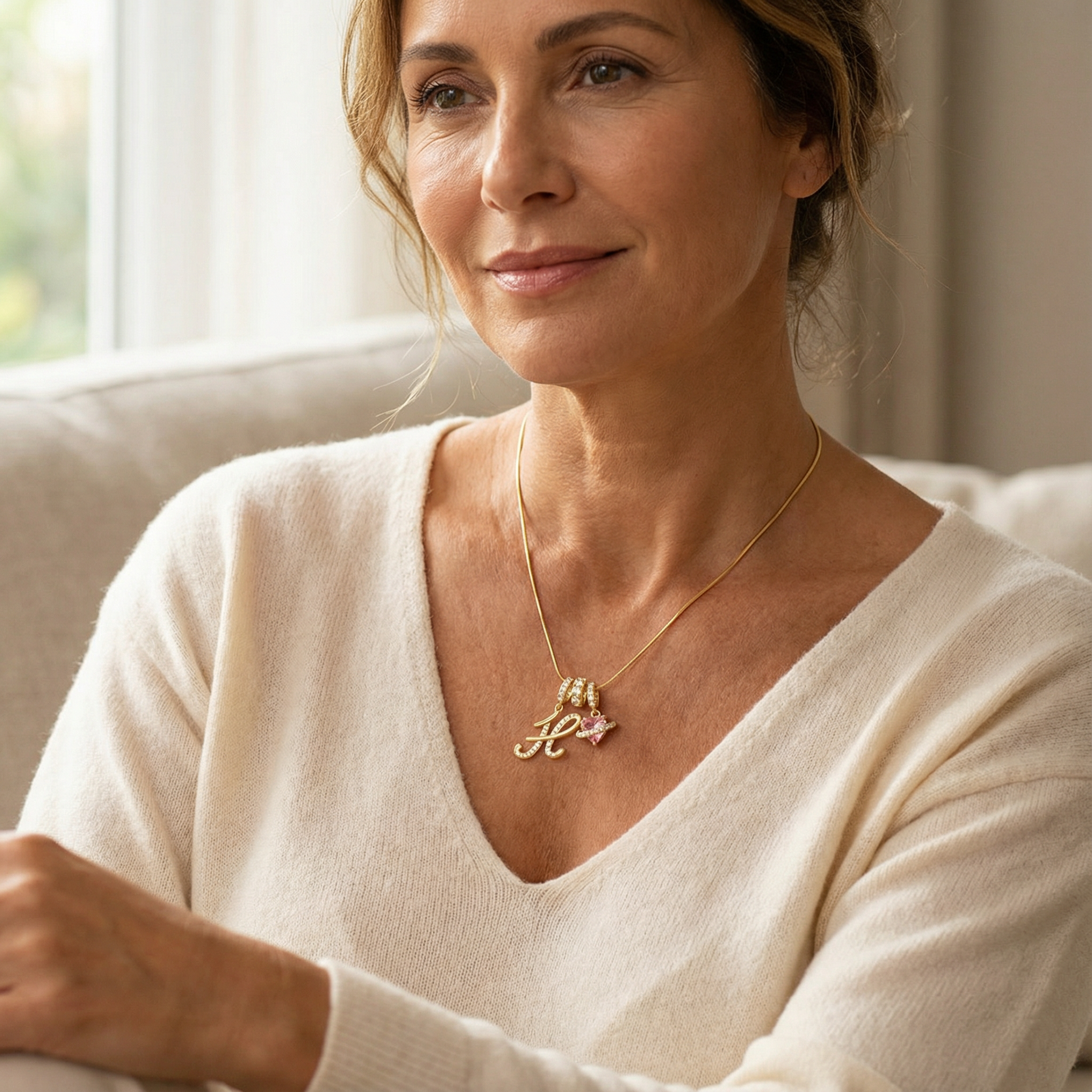 LUMARA – Collana con Iniziale a 3 Strati con Zircone a Forma di Cuore Rosa