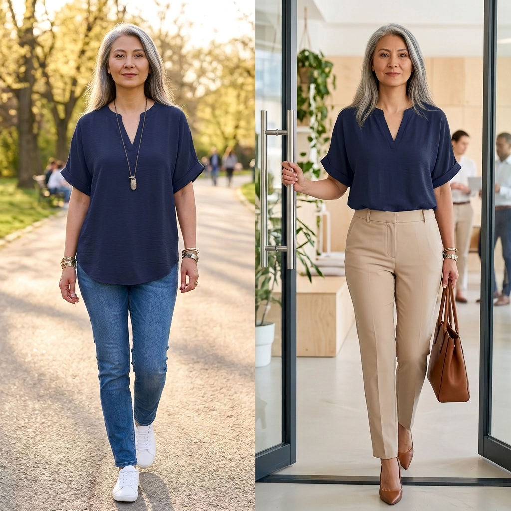 Wovena – Blusa da donna leggera con scollo a V e orlo curvo