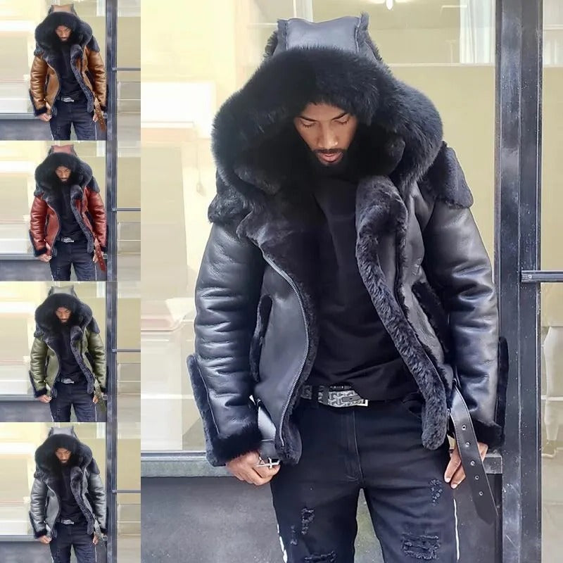 Giacca in Pelle di Pecora | Giacca da Uomo in Pelliccia Invernale con Cappuccio per Moto