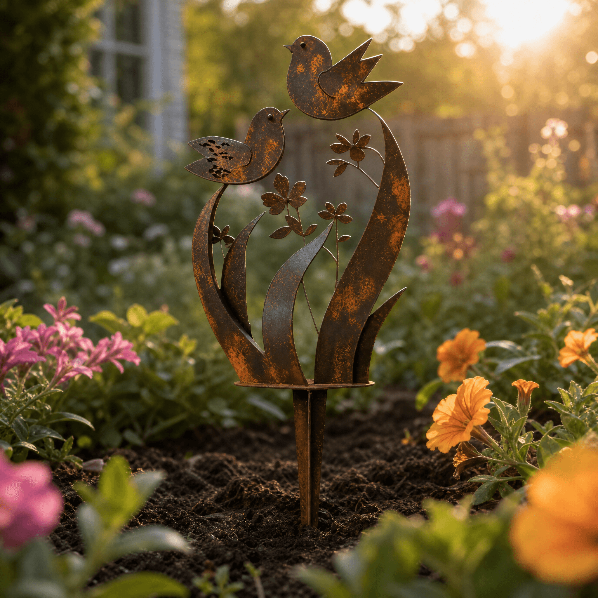Lark & Iron – Bastone da Giardino Rustico con Uccelli e Fiori Selvatici
