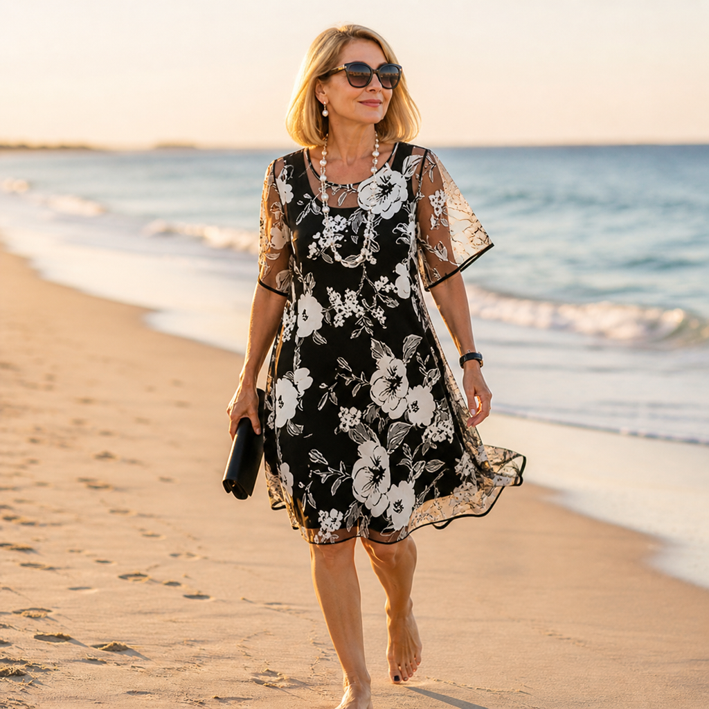 Solenya – Abito floreale in chiffon per donna con sovrapposizione trasparente