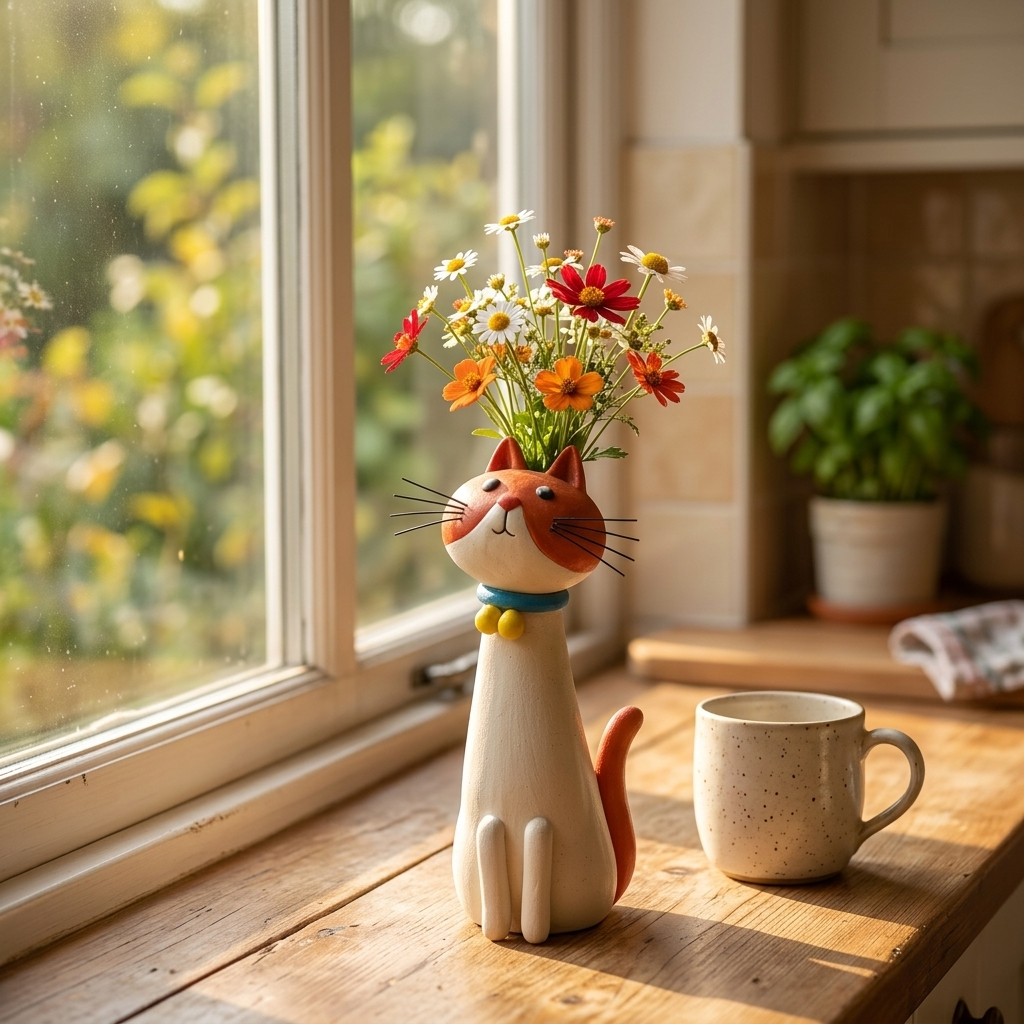 Felina – Vaso da Fiore in Ceramica Fatta a Mano a Forma di Gatto