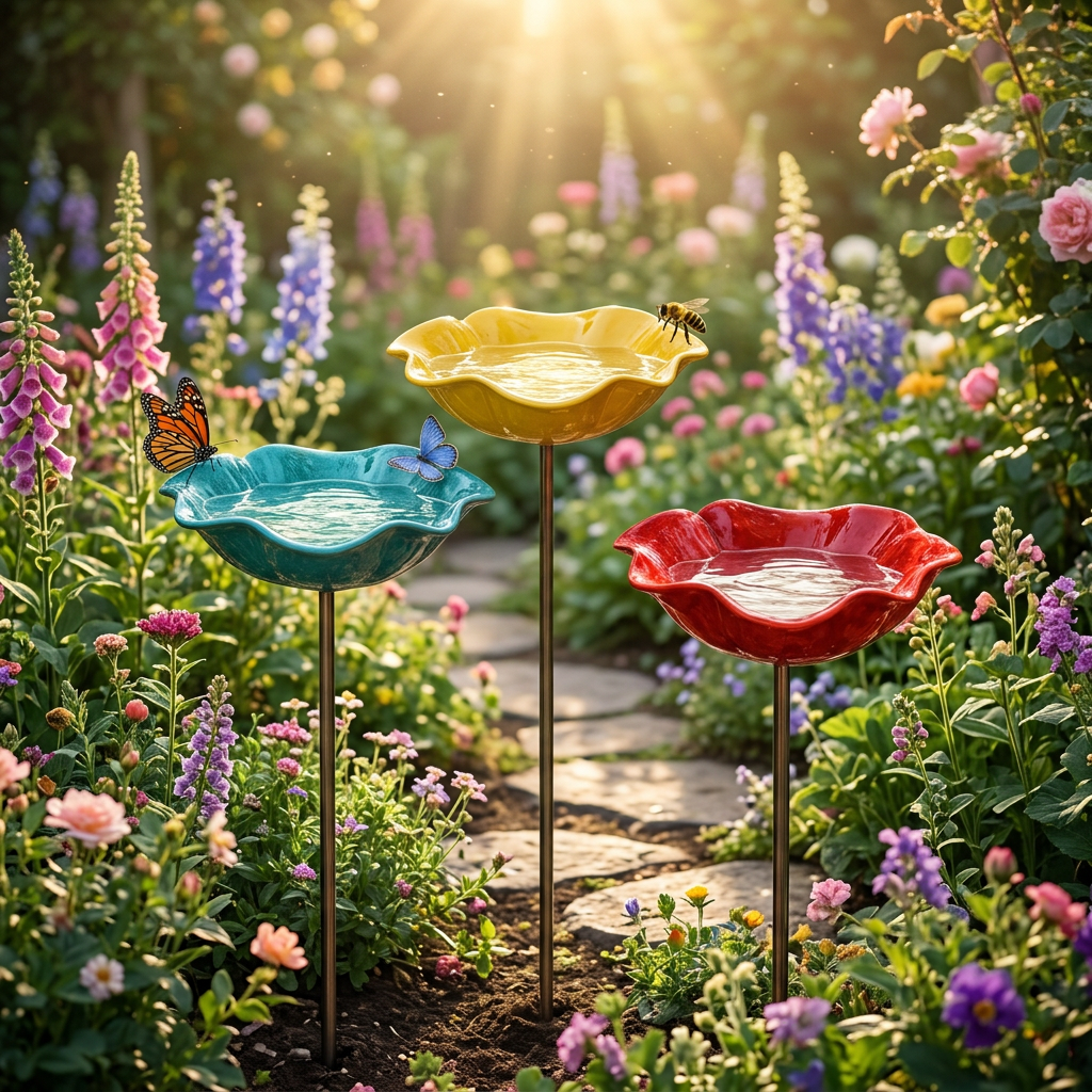 PetalHaven – Supporto da Giardino con Fontana per Uccelli a Forma di Papavero