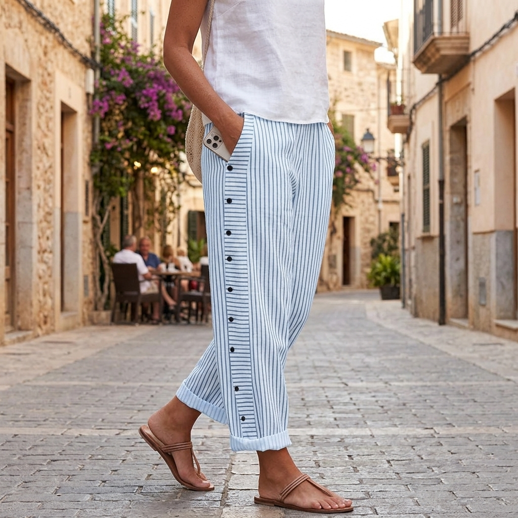 Coastlyn – Pantaloni a righe da donna con rifinitura a bottoni