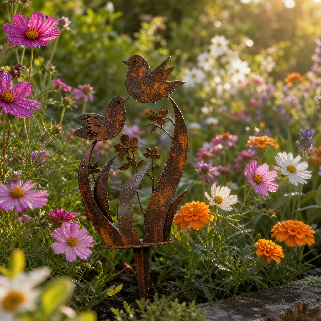 Lark & Iron – Bastone da Giardino Rustico con Uccelli e Fiori Selvatici