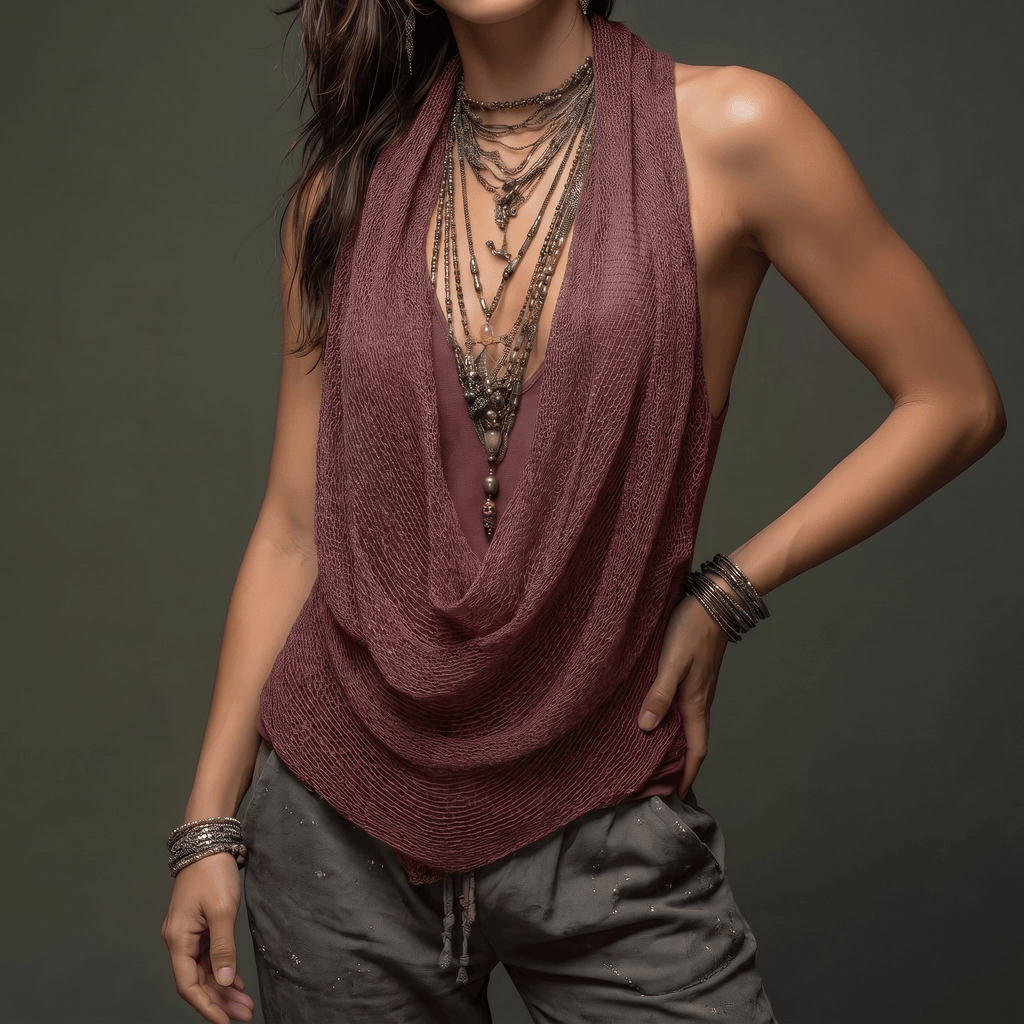 Lunessa – Top Halter in Maglia con Collo Drappeggiato