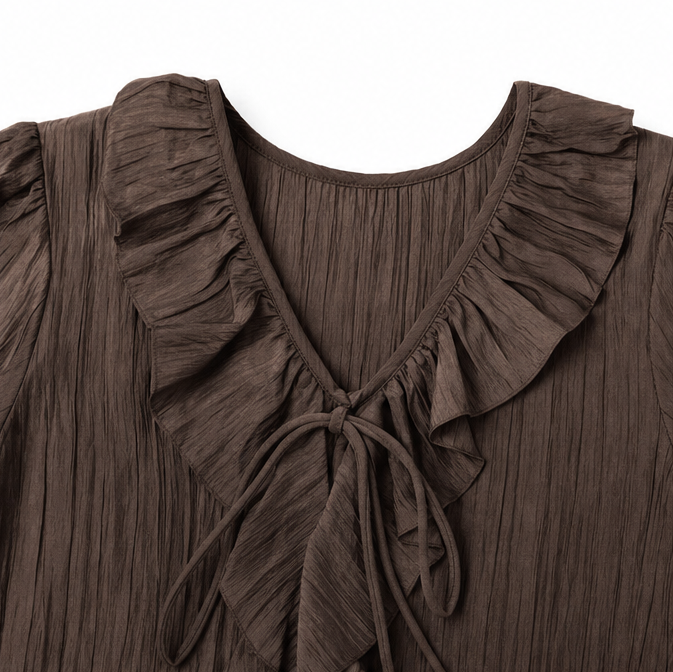Maelora – Blusa a maniche lunghe con scollo a V e volant arricciati