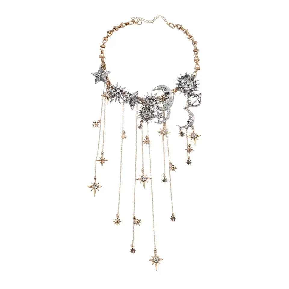 Celestra - Collana con Frange di Sole, Luna e Stelle