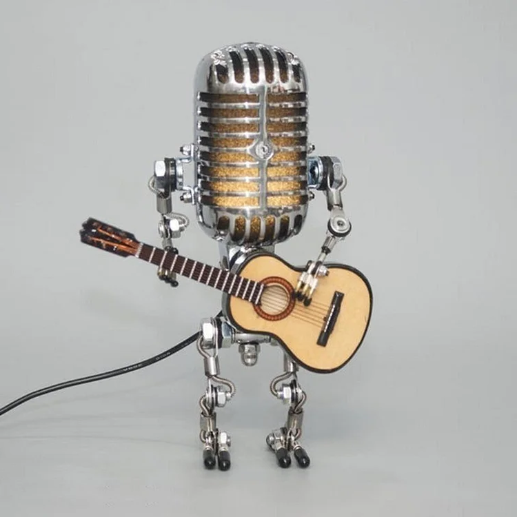 Robot Microfono Vintage in Metallo con Lampada a Chitarra