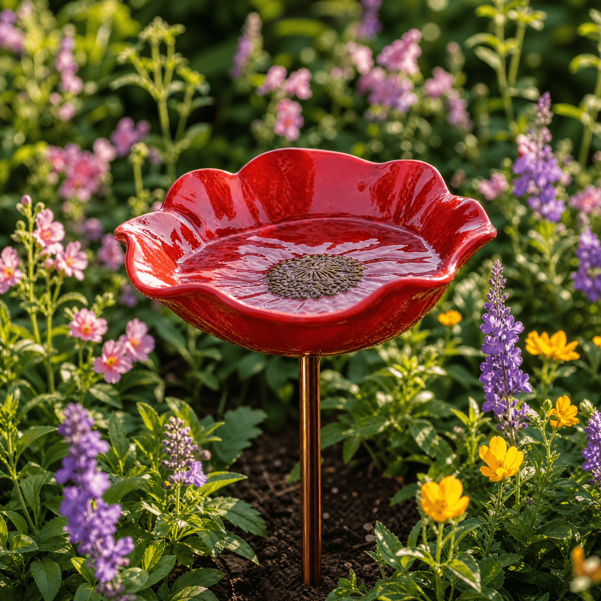 PetalHaven – Supporto da Giardino con Fontana per Uccelli a Forma di Papavero