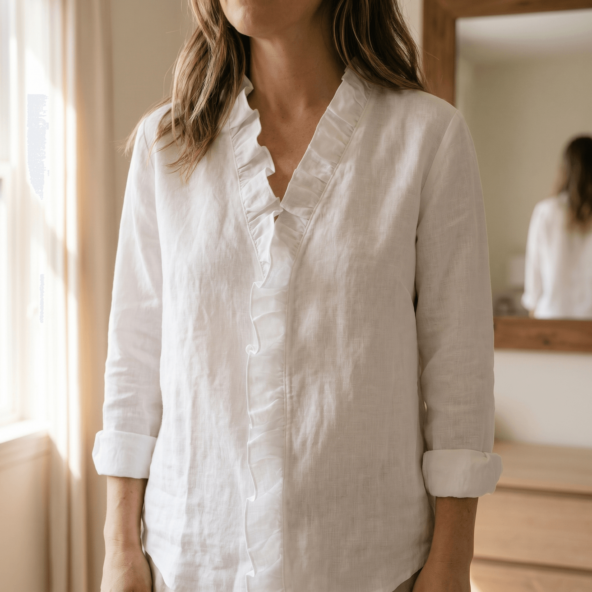 Roselle - Blusa a maniche lunghe con scollo a V e volant morbidi