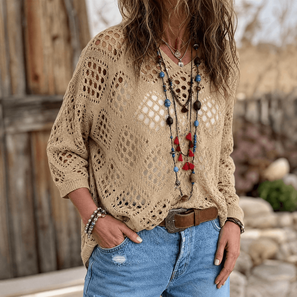 Sunfara – Top V-Neck Bohemien all'Uncinetto per Donna
