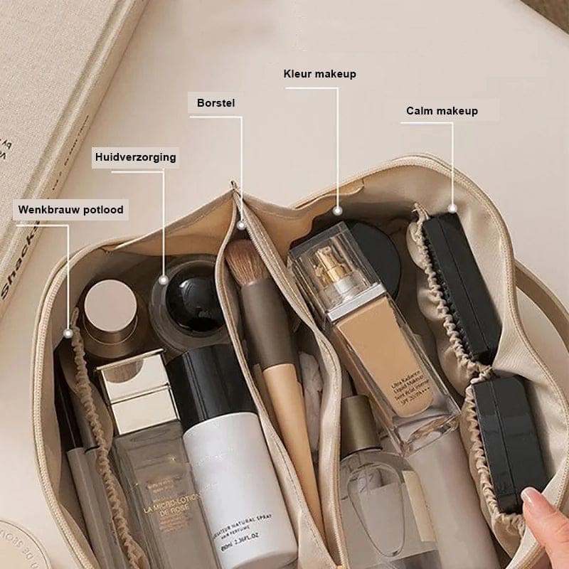 BellaPack Pochette per trucco con grande apertura | Impermeabile & Scomparti Regolabili | 26x11x15 cm | Per viaggi & vita quotidiana