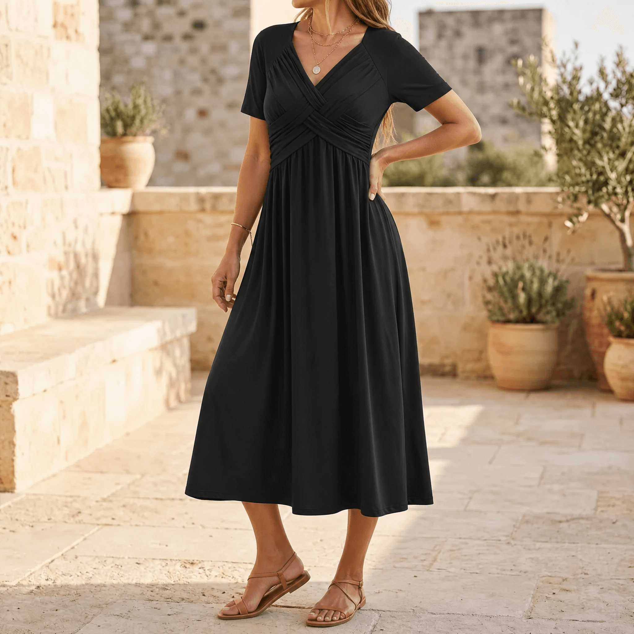 Veluna – Abito Midi con Scollo a V Incrociato e Tasche