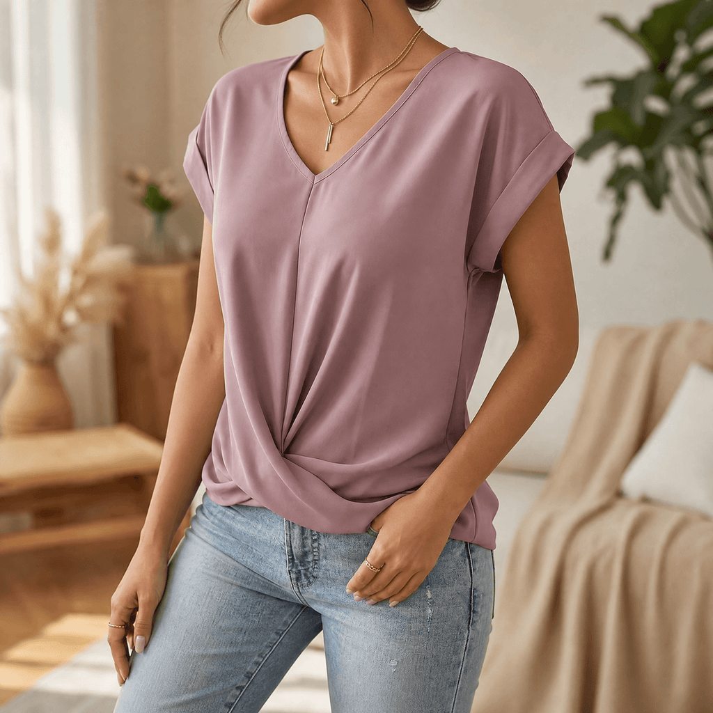 Veluna – Top con nodo a spirale e scollatura a V per uno stile quotidiano senza sforzo