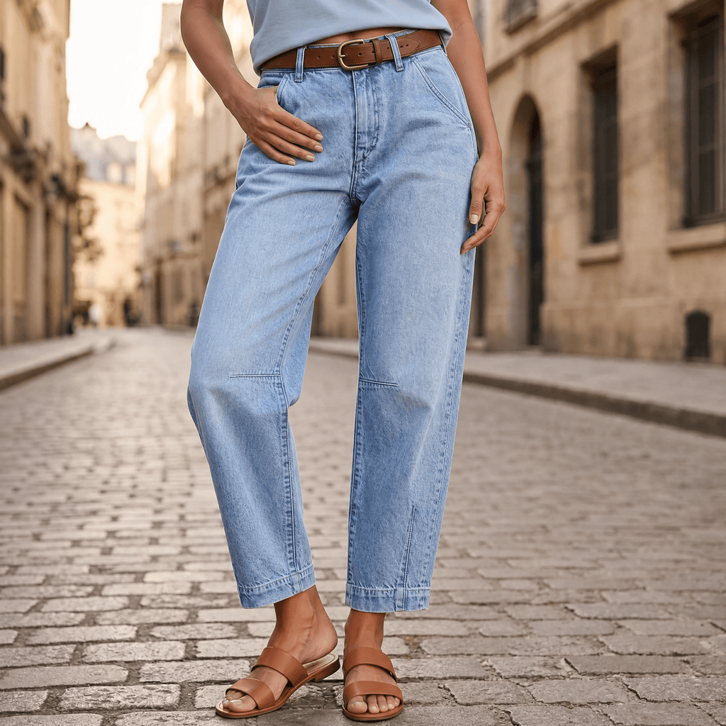 Veluna – Jeans a gamba larga cropped con vita alta per donna