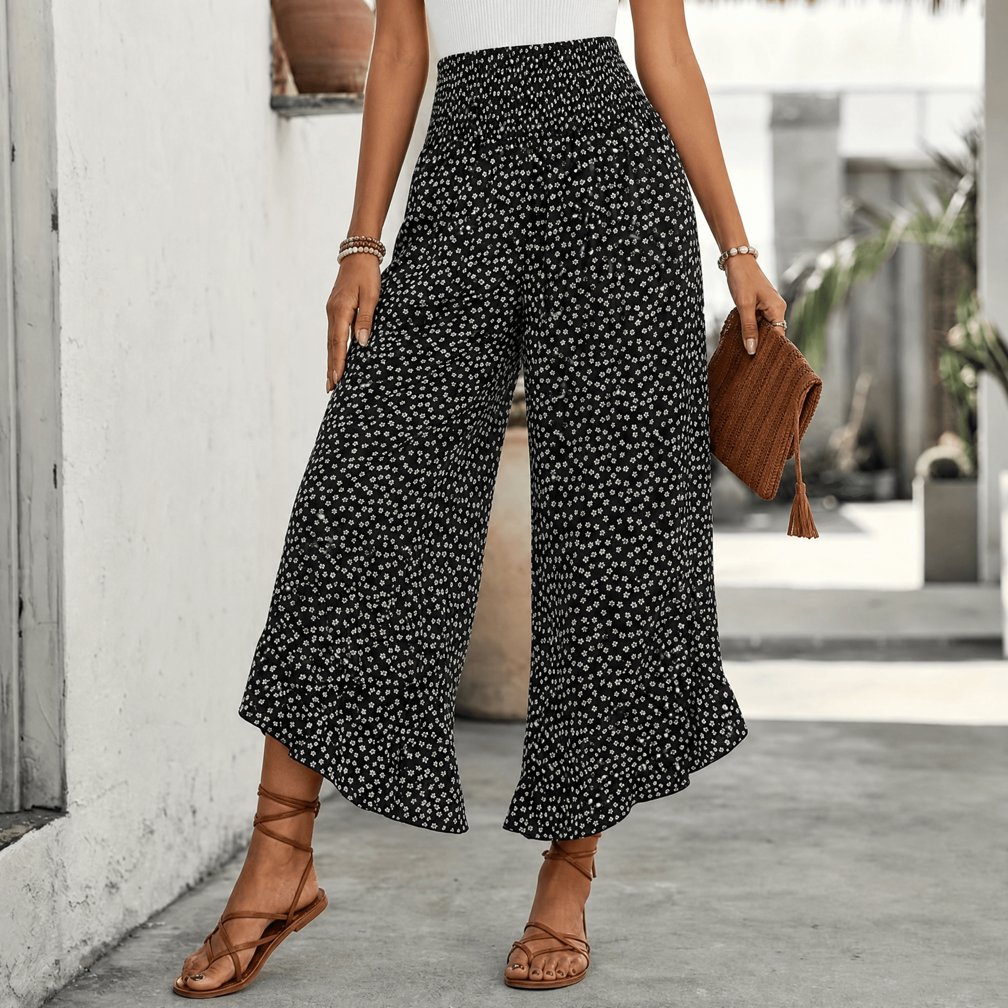 Velura – Pantaloni a Righe con Vita Alta e Volant